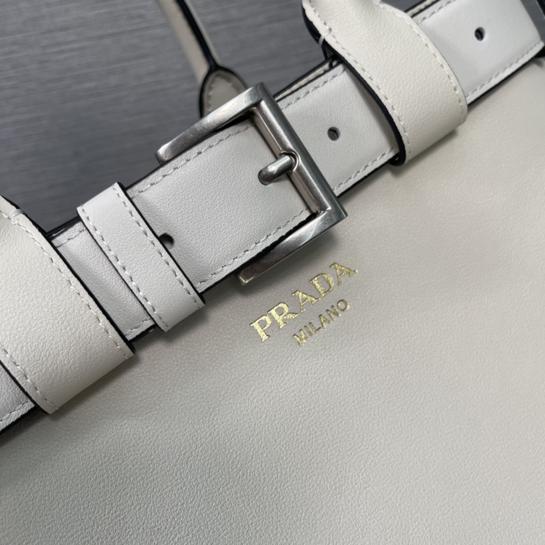 Prada Medium Buckle Leather Handbag Shoulder Bag With Belt White 1BA434